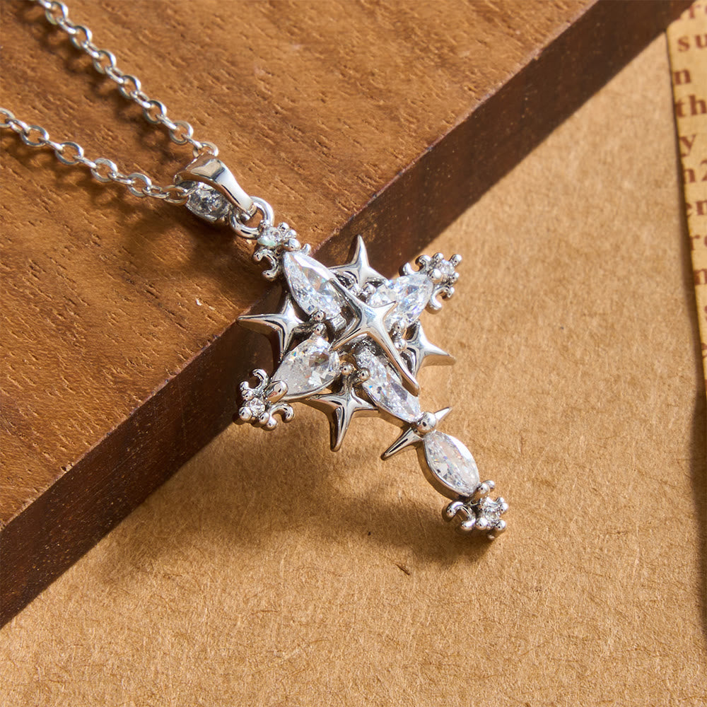 Star Accent Marquise Crystal Sacred Cross Pendant Necklace: Timeless Emblem of Radiant Heavenly Faith