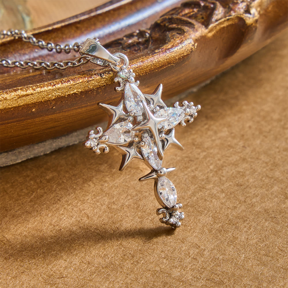 Star Accent Marquise Crystal Sacred Cross Pendant Necklace: Timeless Emblem of Radiant Heavenly Faith