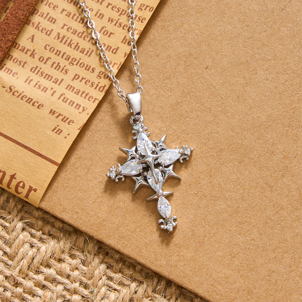 Star Accent Marquise Crystal Sacred Cross Pendant Necklace: Timeless Emblem of Radiant Heavenly Faith