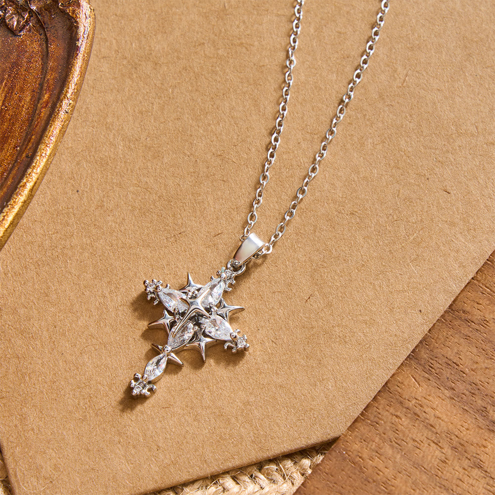 Star Accent Marquise Crystal Sacred Cross Pendant Necklace: Timeless Emblem of Radiant Heavenly Faith