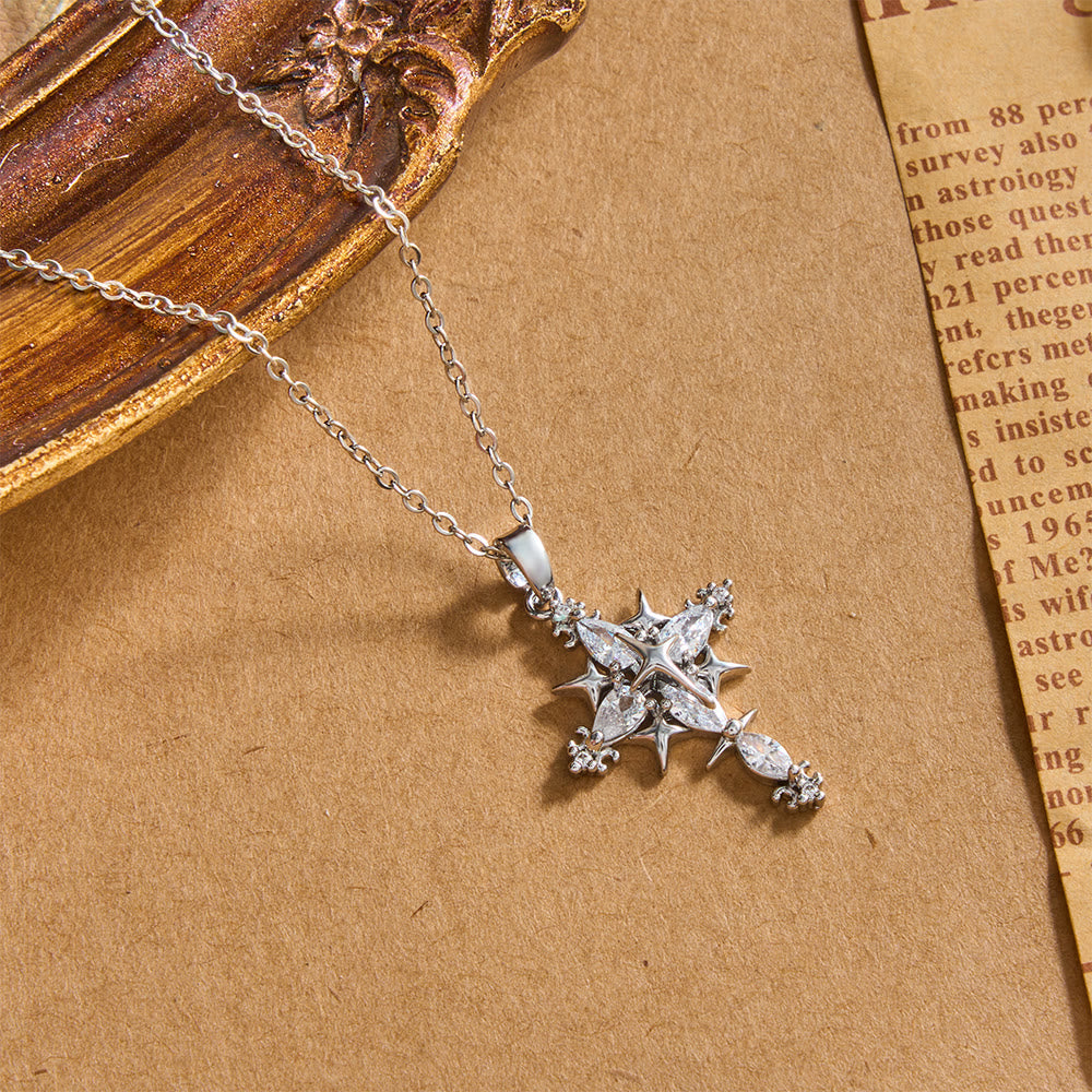 Star Accent Marquise Crystal Sacred Cross Pendant Necklace: Timeless Emblem of Radiant Heavenly Faith