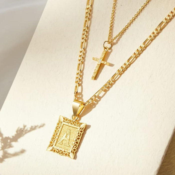 Dainty Stackable Two Tier Rhinestone Cross A To Z Initial Tag Figaro Chain Necklace: Timeless Emblem of Gentle Heavenly Guardianship