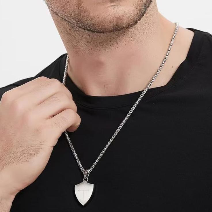 Double Sided Shield Rhinestone Cross Pendant Engraved Amor of God Joshua 1 Verse 9 Box Chain Necklace: Timeless Emblem of Gentle Heavenly Guardianship