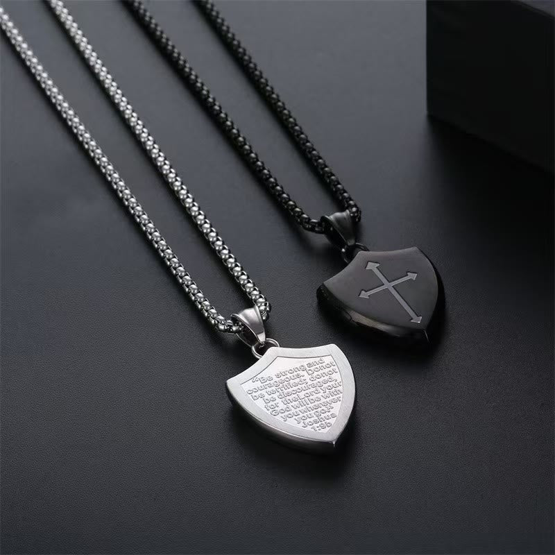 Double Sided Shield Rhinestone Cross Pendant Engraved Amor of God Joshua 1 Verse 9 Box Chain Necklace: Timeless Emblem of Gentle Heavenly Guardianship