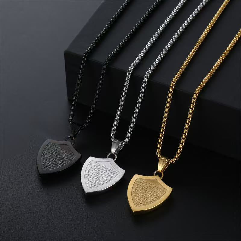 Double Sided Shield Rhinestone Cross Pendant Engraved Amor of God Joshua 1 Verse 9 Box Chain Necklace: Timeless Emblem of Gentle Heavenly Guardianship