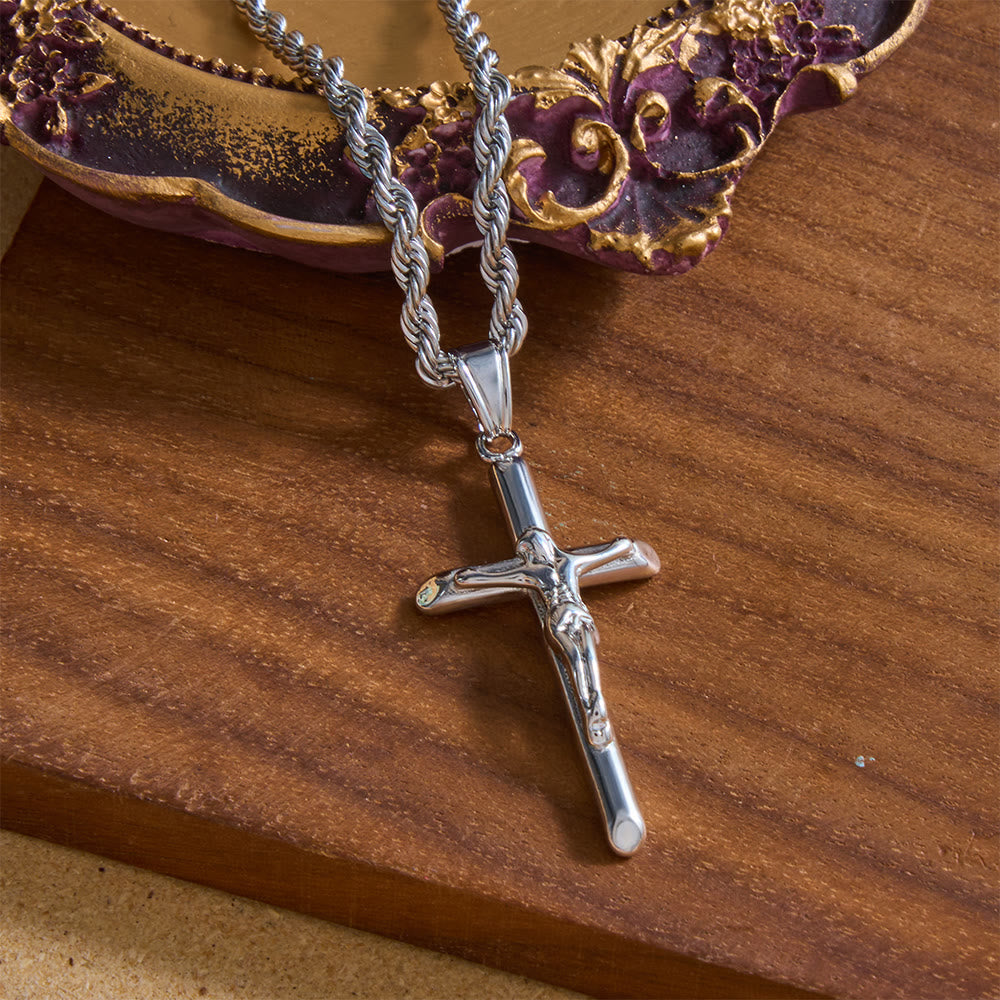 Relief Jesus Crucifix Pendant Twisted Rope Chain Necklace : Timeless Emblem of Gentle Heavenly Guardianship