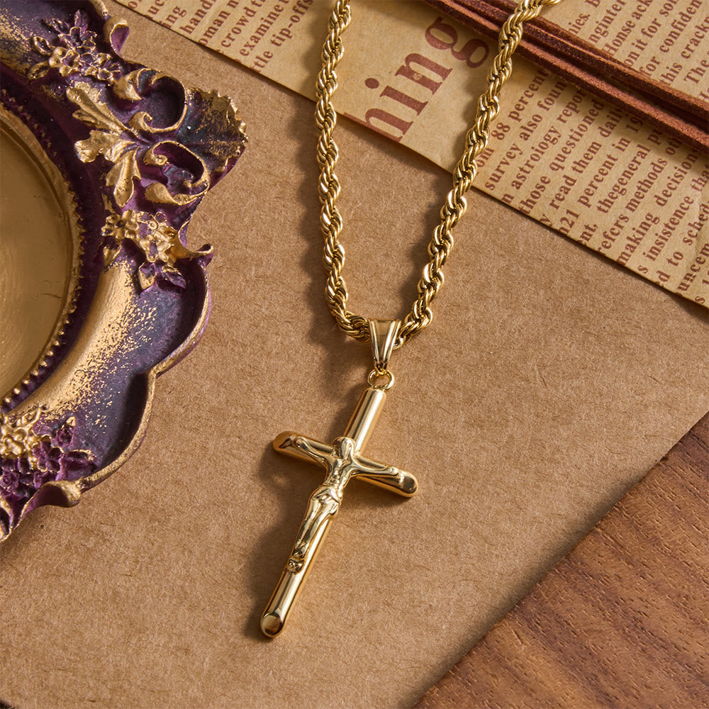 Relief Jesus Crucifix Pendant Twisted Rope Chain Necklace : Timeless Emblem of Gentle Heavenly Guardianship