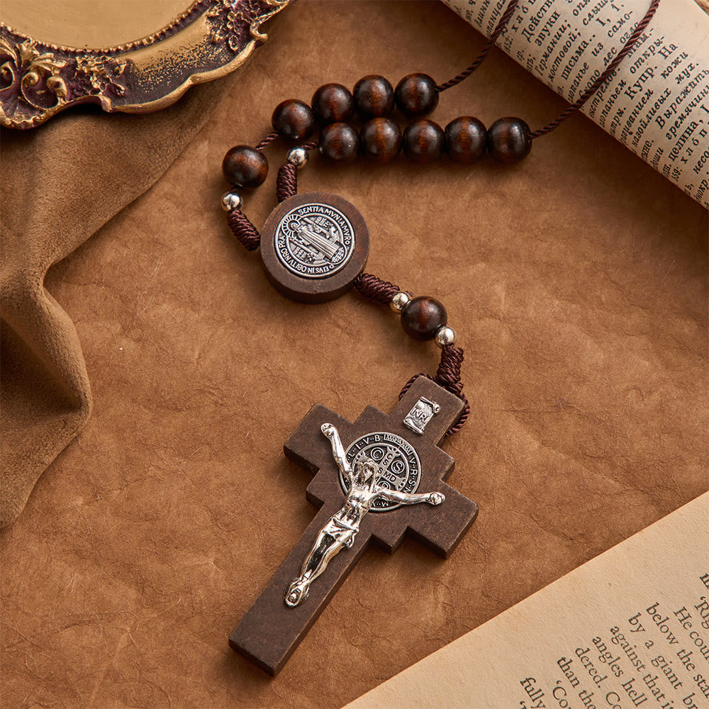 Round Bead Car Rosary Crucifix Our Lady Embossed Medal Car Hanging Pendant: A Reminder of Merciful Divine Protection on Every Trip