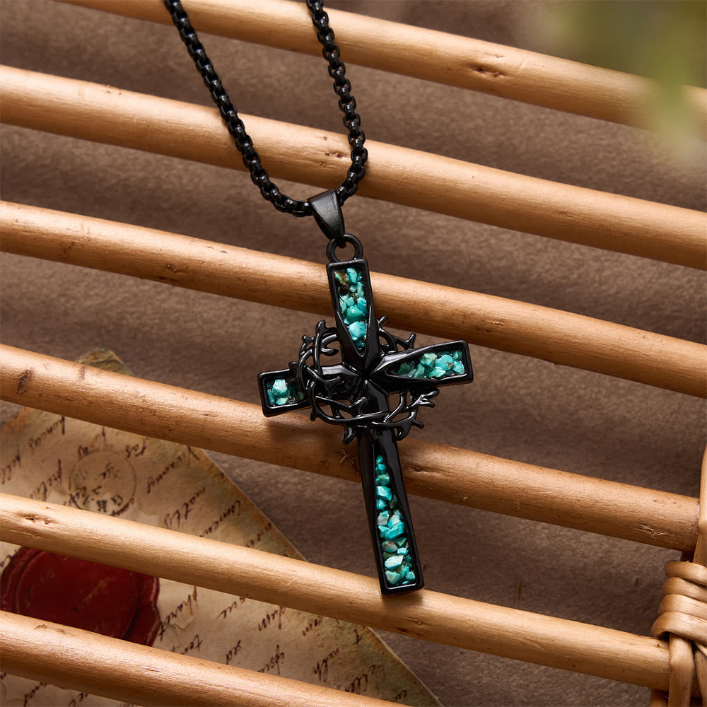 Western Bohemian Crushed Turquoise Inlaid Thorn Cross Necklace: Timeless Emblem of Gentle Heavenly Guardianship