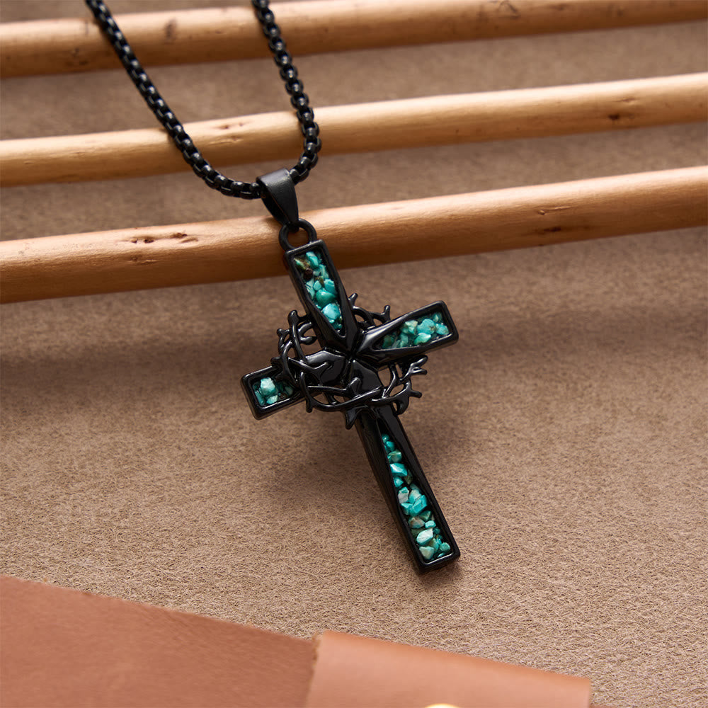 Western Bohemian Crushed Turquoise Inlaid Thorn Cross Necklace: Timeless Emblem of Gentle Heavenly Guardianship