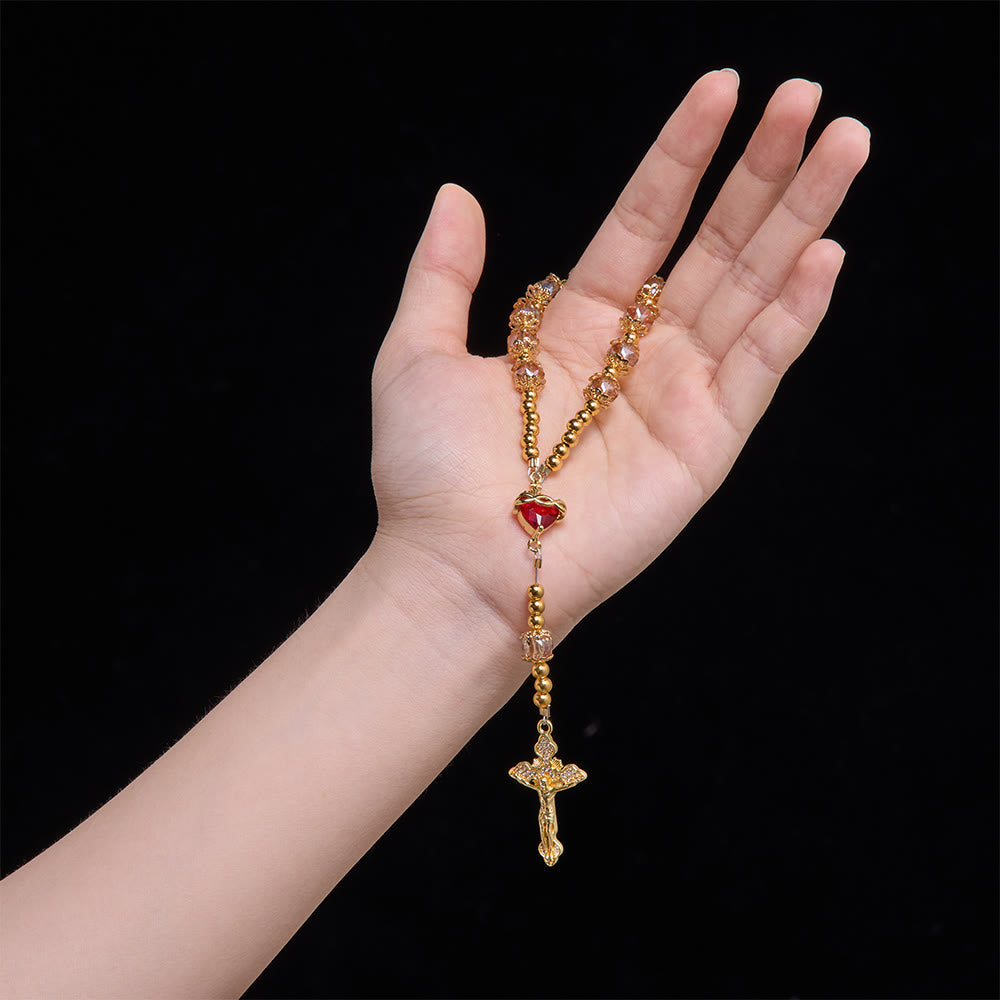 Luxe Champagne-Tone Pocket Rosary With Sacred Heart & Jeweled Crucifix: Dual-Use Prayer & Car Hanging Charm