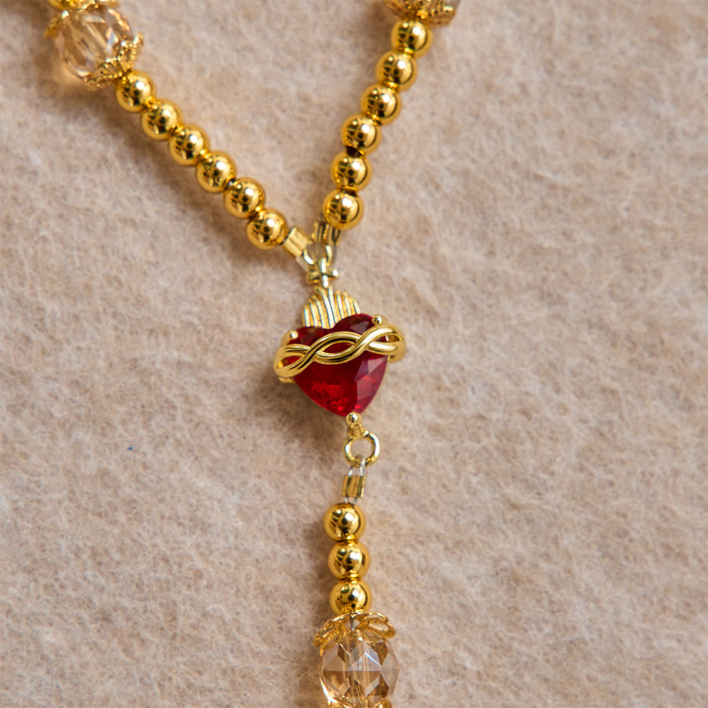 Luxe Champagne-Tone Pocket Rosary With Sacred Heart & Jeweled Crucifix: Dual-Use Prayer & Car Hanging Charm