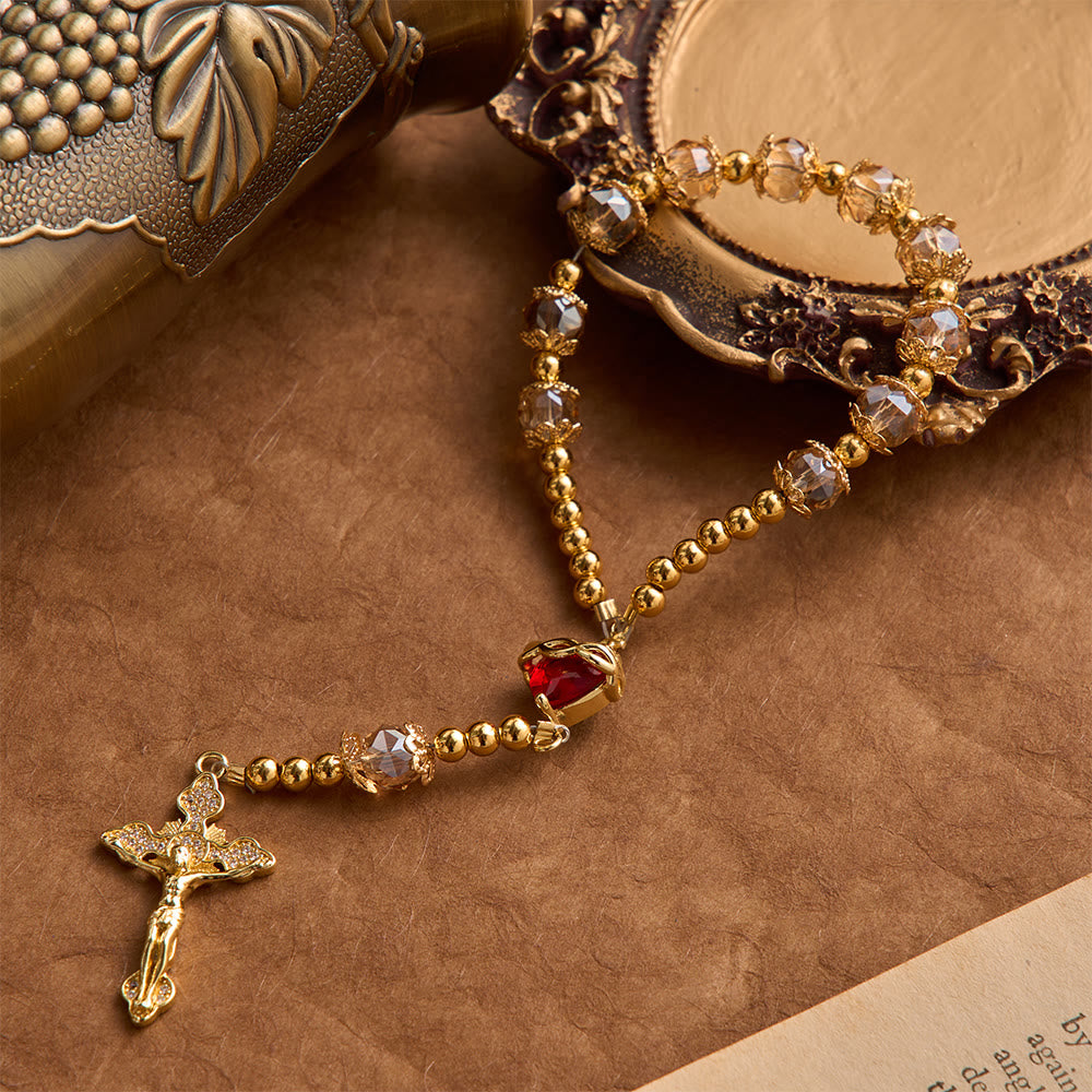 Luxe Champagne-Tone Pocket Rosary With Sacred Heart & Jeweled Crucifix: Dual-Use Prayer & Car Hanging Charm