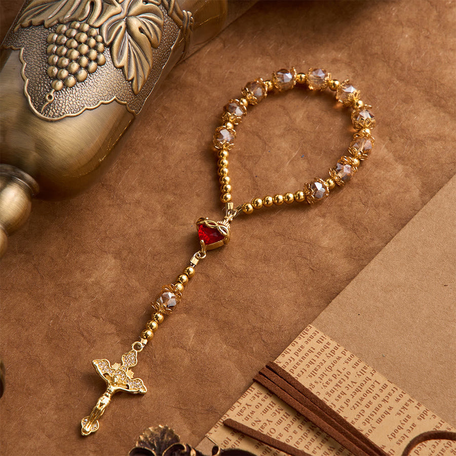 Luxe Champagne-Tone Pocket Rosary With Sacred Heart & Jeweled Crucifix: Dual-Use Prayer & Car Hanging Charm