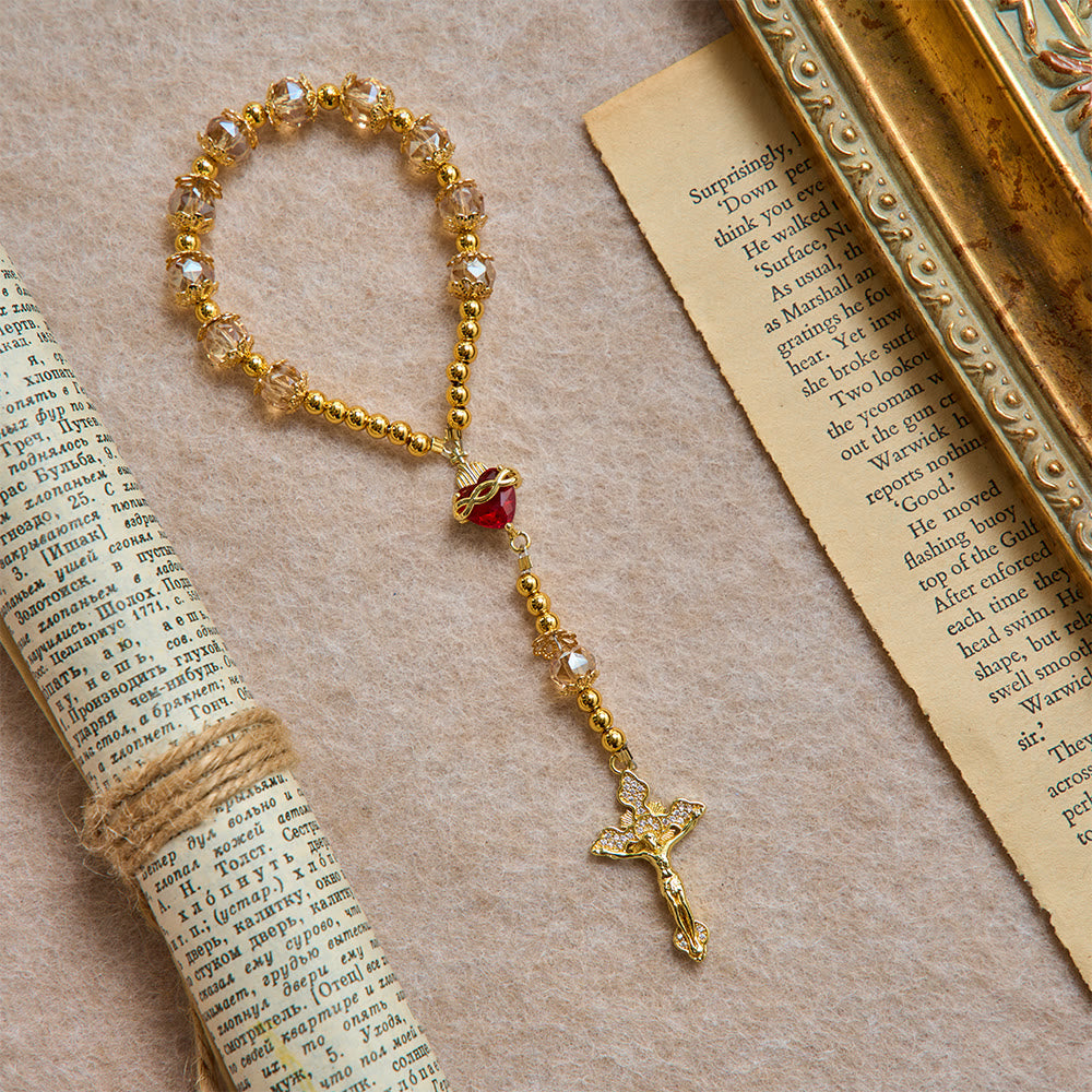 Luxe Champagne-Tone Pocket Rosary With Sacred Heart & Jeweled Crucifix: Dual-Use Prayer & Car Hanging Charm