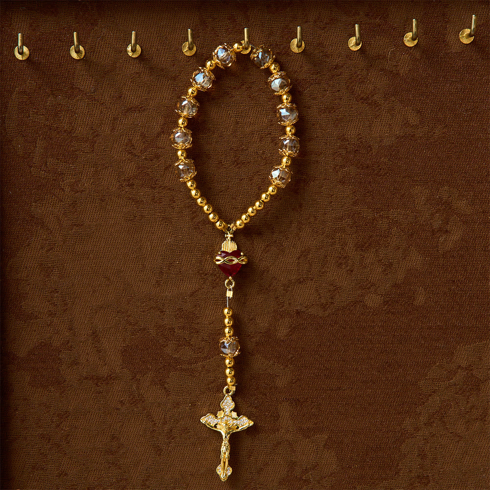 Luxe Champagne-Tone Pocket Rosary With Sacred Heart & Jeweled Crucifix: Dual-Use Prayer & Car Hanging Charm