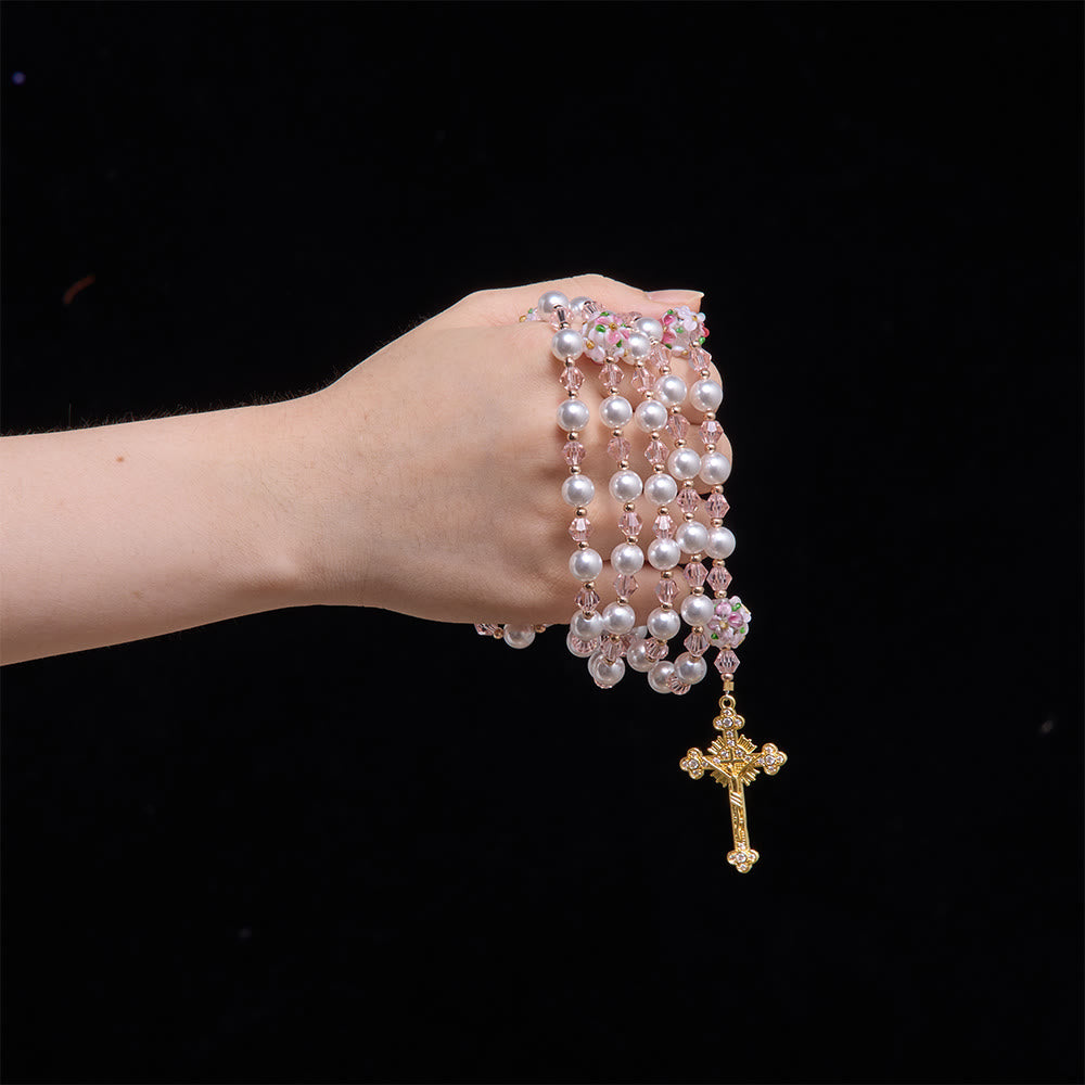 Cream Pearl Floral Crystal Rosary With Jeweled Golden Crucifix: Emblem of Soft Heavenly Tenderness