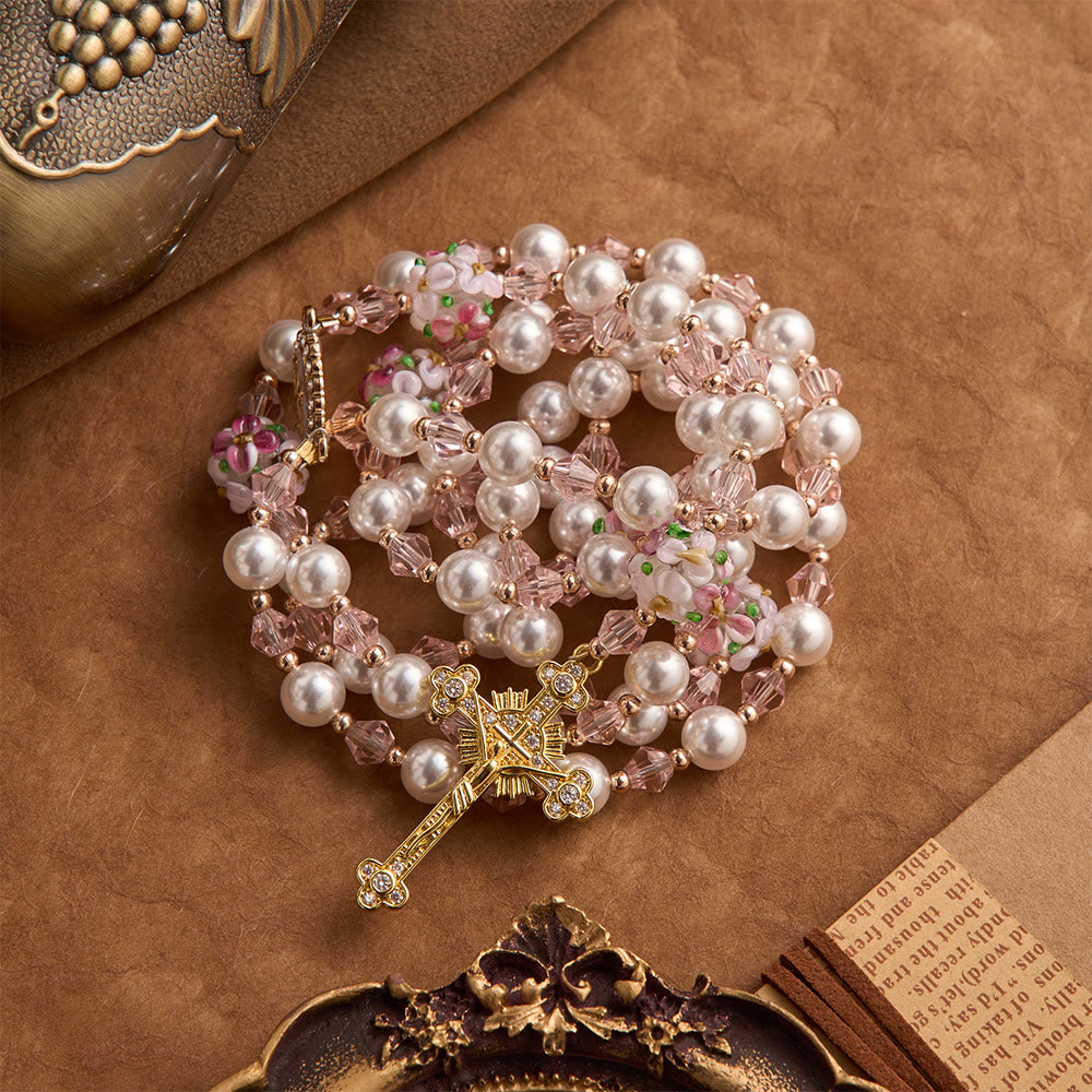 Cream Pearl Floral Crystal Rosary With Jeweled Golden Crucifix: Emblem of Soft Heavenly Tenderness