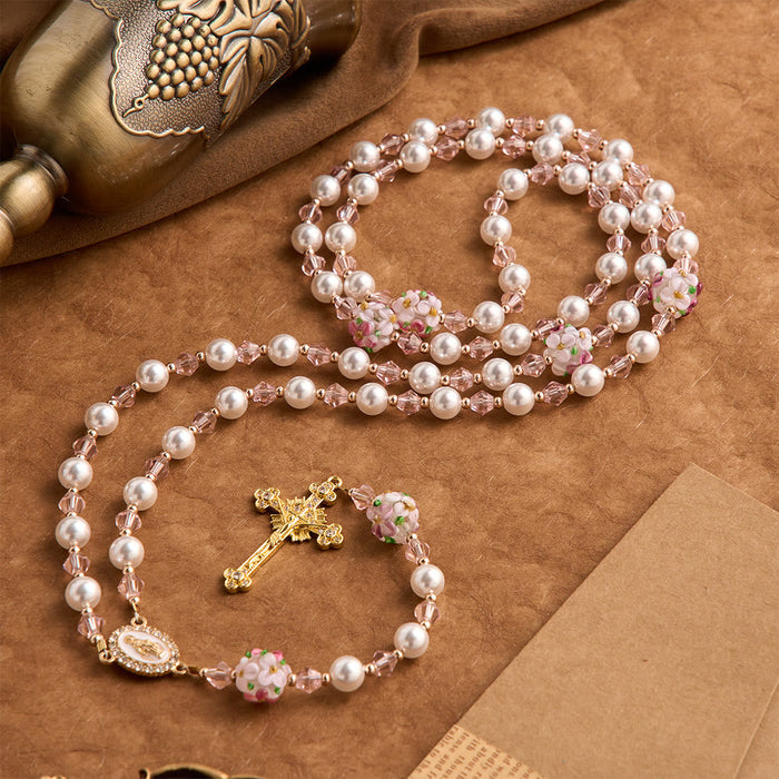 Cream Pearl Floral Crystal Rosary With Jeweled Golden Crucifix: Emblem of Soft Heavenly Tenderness