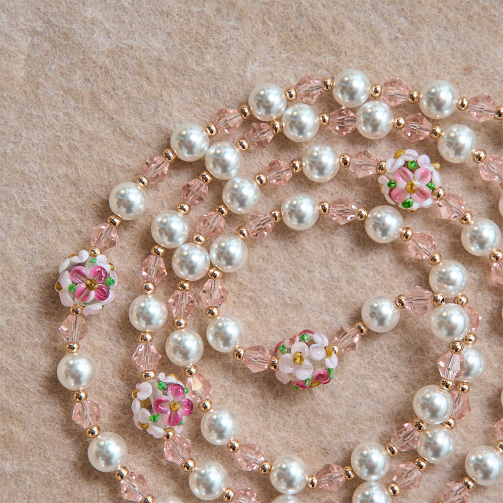 Cream Pearl Floral Crystal Rosary With Jeweled Golden Crucifix: Emblem of Soft Heavenly Tenderness