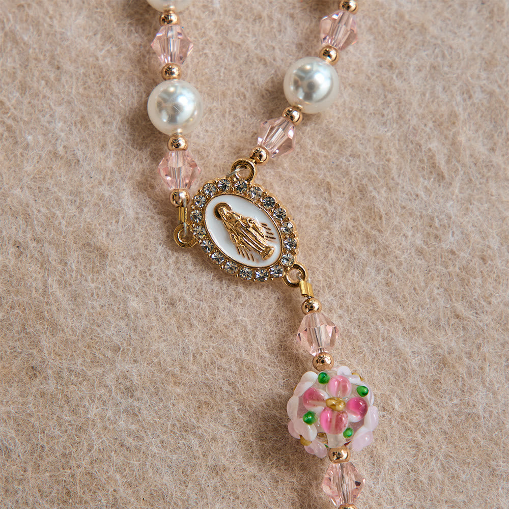 Cream Pearl Floral Crystal Rosary With Jeweled Golden Crucifix: Emblem of Soft Heavenly Tenderness