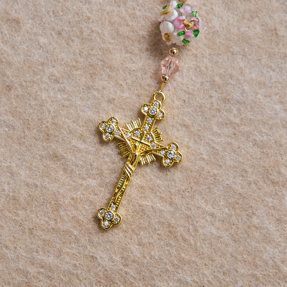 Cream Pearl Floral Crystal Rosary With Jeweled Golden Crucifix: Emblem of Soft Heavenly Tenderness