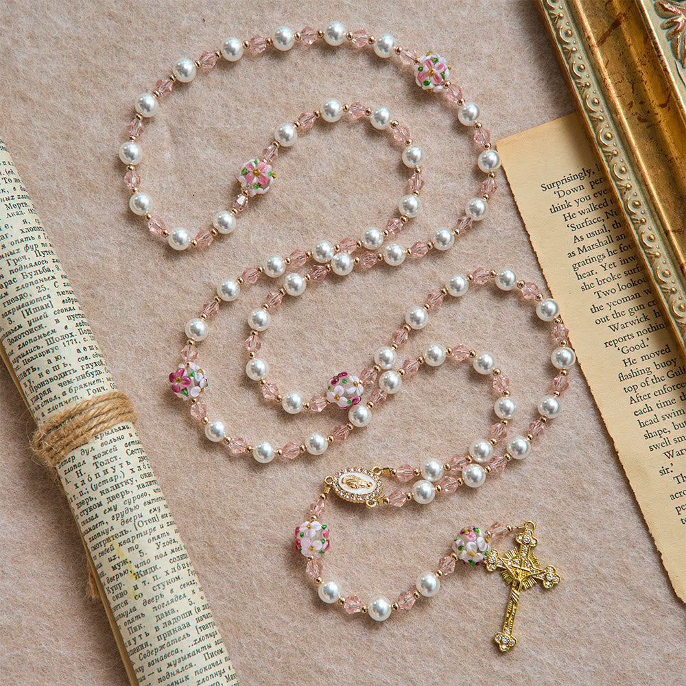 Cream Pearl Floral Crystal Rosary With Jeweled Golden Crucifix: Emblem of Soft Heavenly Tenderness