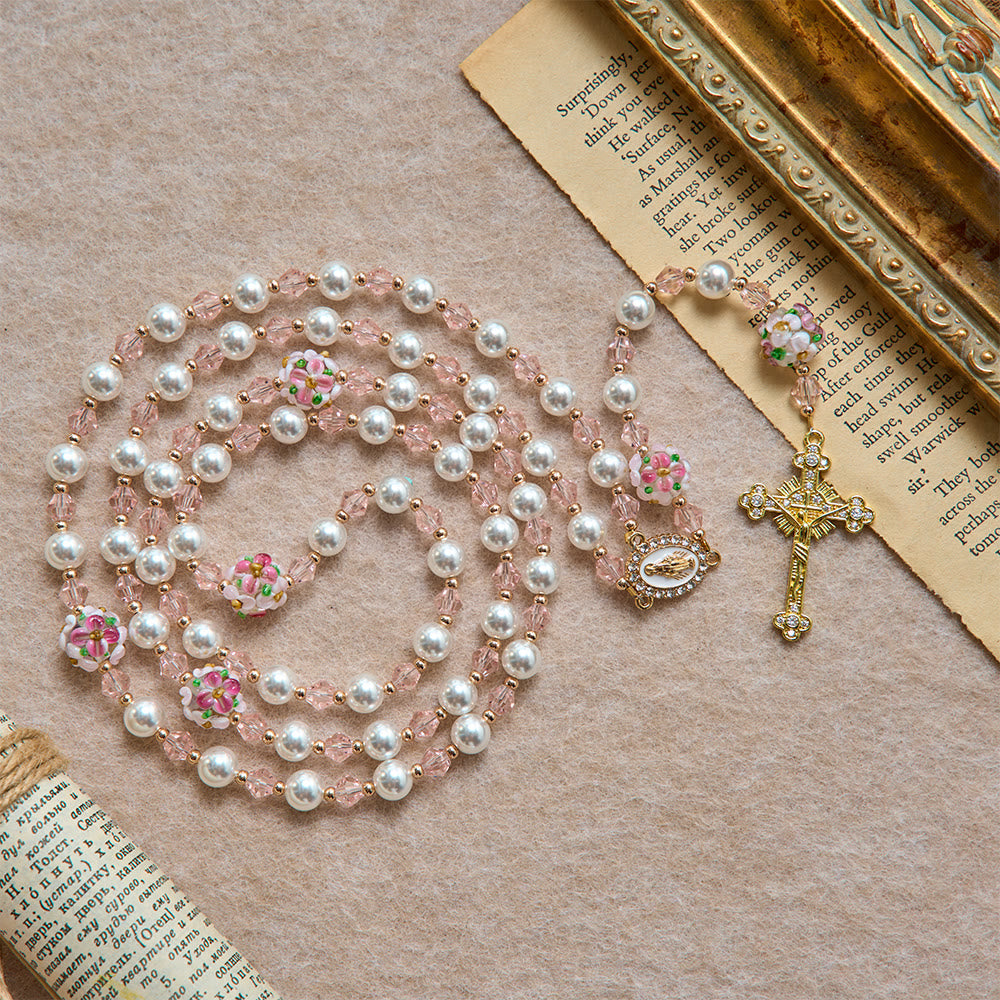 Cream Pearl Floral Crystal Rosary With Jeweled Golden Crucifix: Emblem of Soft Heavenly Tenderness
