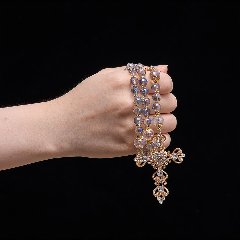 Iridescent Blue Beads Rosary With Our Lady of Aparecida & Rhinestone Crucifix: Custom Name Bead Keepsake For Chapel