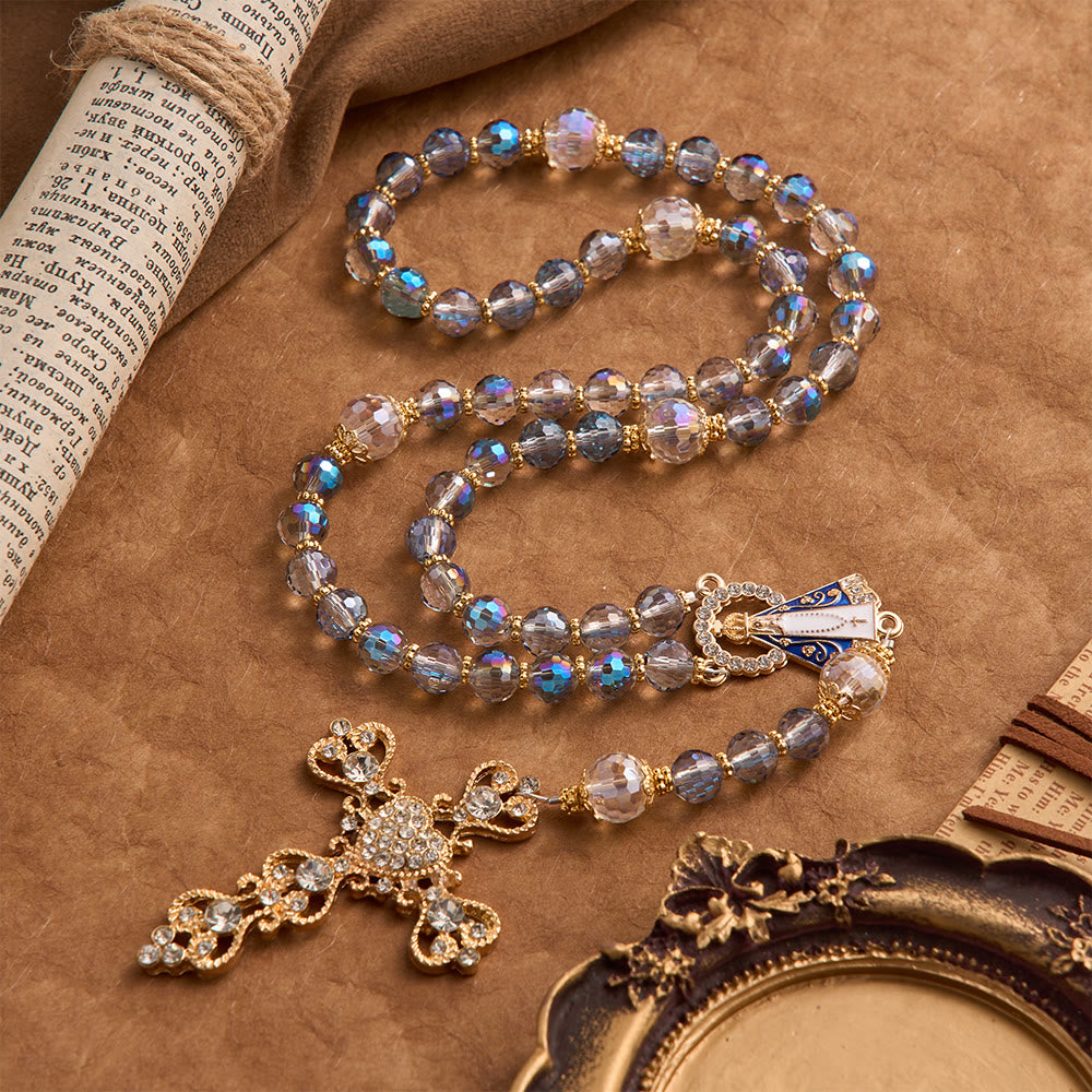 Iridescent Blue Beads Rosary With Our Lady of Aparecida & Rhinestone Crucifix: Custom Name Bead Keepsake For Chapel
