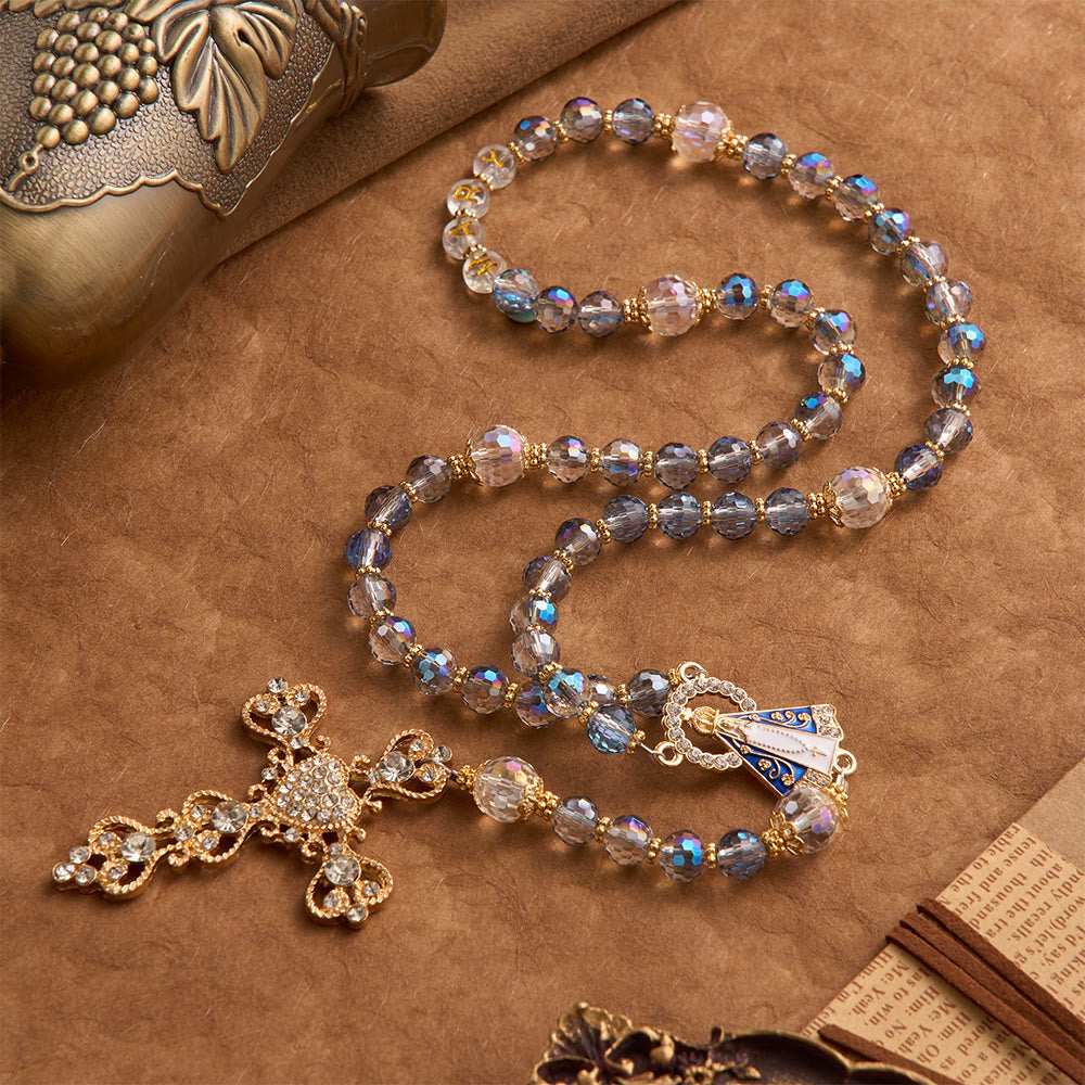 Iridescent Blue Beads Rosary With Our Lady of Aparecida & Rhinestone Crucifix: Custom Name Bead Keepsake For Chapel