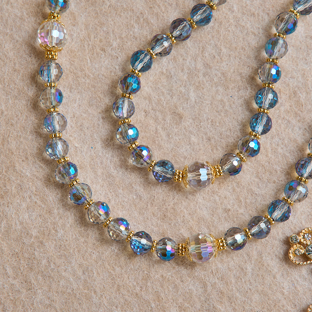 Iridescent Blue Beads Rosary With Our Lady of Aparecida & Rhinestone Crucifix: Custom Name Bead Keepsake For Chapel
