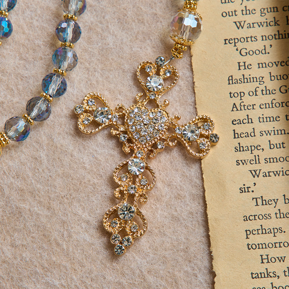 Iridescent Blue Beads Rosary With Our Lady of Aparecida & Rhinestone Crucifix: Custom Name Bead Keepsake For Chapel