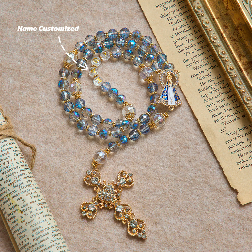 Iridescent Blue Beads Rosary With Our Lady of Aparecida & Rhinestone Crucifix: Custom Name Bead Keepsake For Chapel