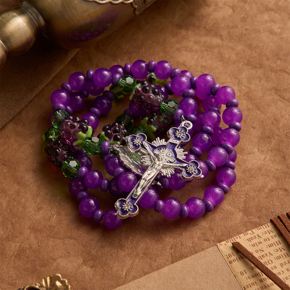 Grape Shaped Glass Bead Rosary With Enamel Crucifix: Emblem of Eucharistic Heavenly Blessing