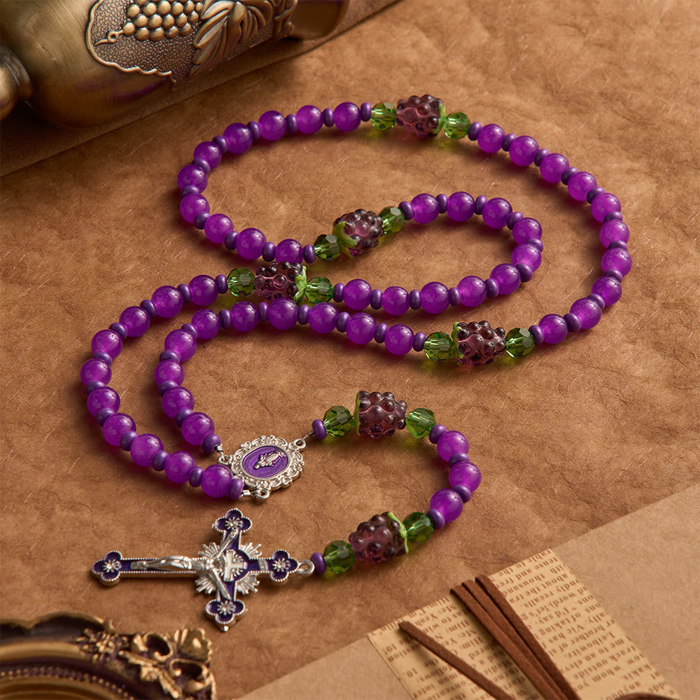 Grape Shaped Glass Bead Rosary With Enamel Crucifix: Emblem of Eucharistic Heavenly Blessing