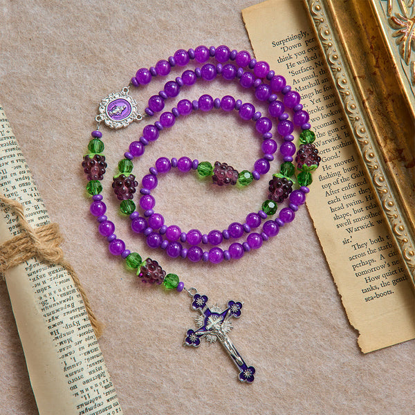 Grape Shaped Glass Bead Rosary With Enamel Crucifix: Emblem of Eucharistic Heavenly Blessing