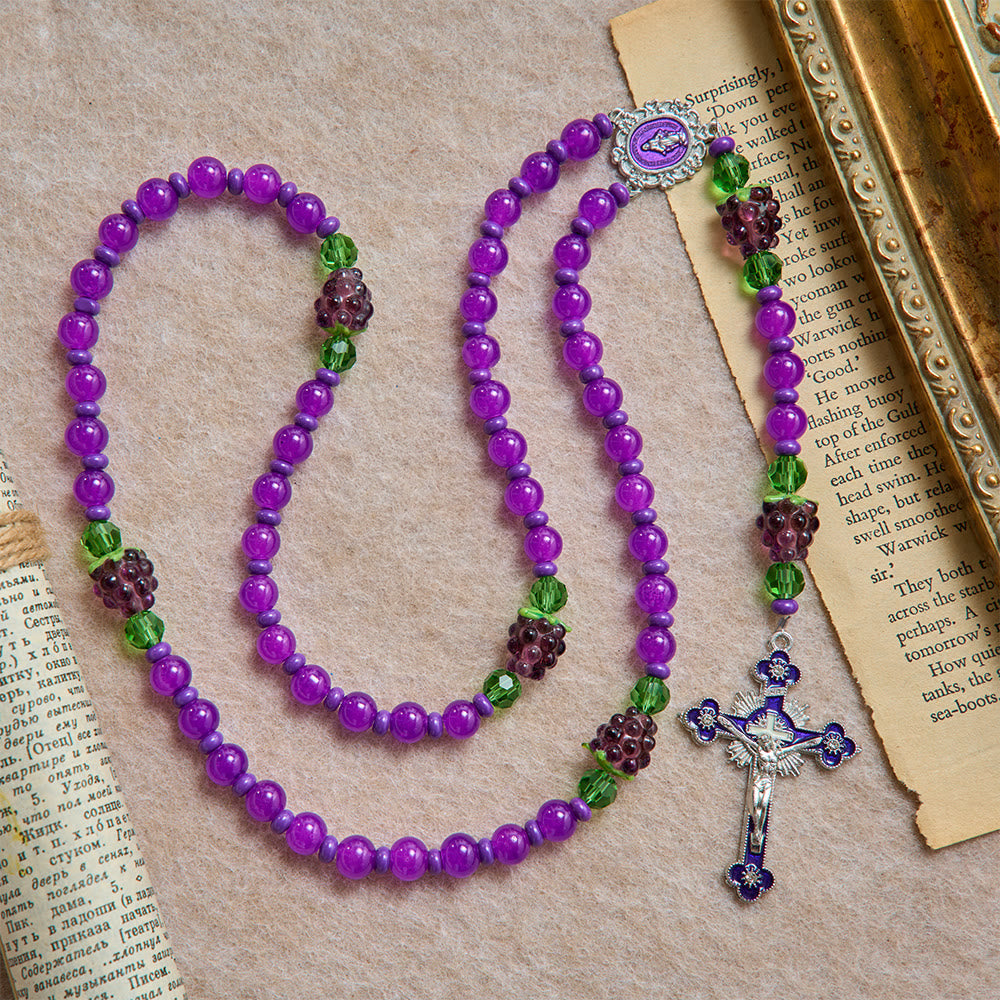 Grape Shaped Glass Bead Rosary With Enamel Crucifix: Emblem of Eucharistic Heavenly Blessing