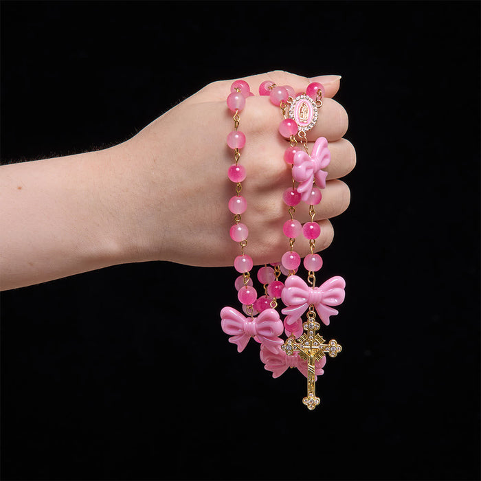 Girly Dual-Tone Gradient Bead Rosary With Glossy Resin Bows & Jeweled Gold Crucifix