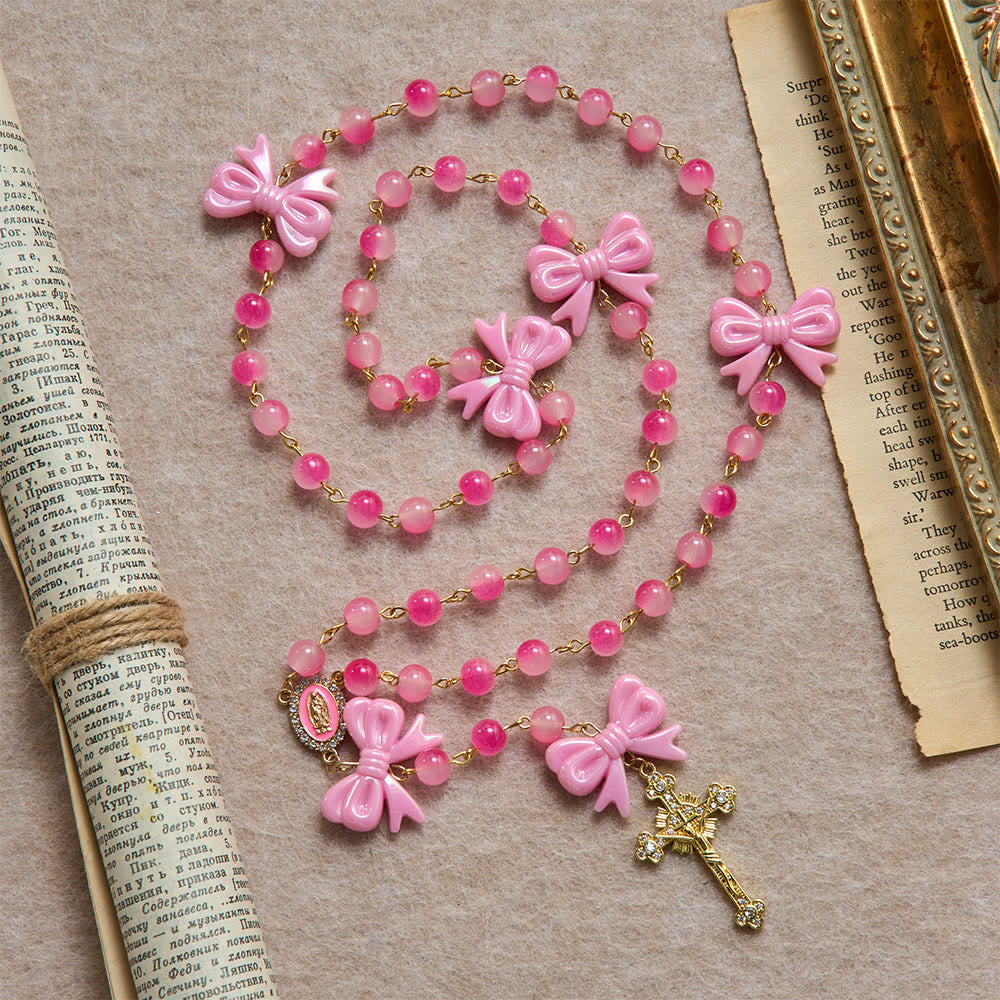 Girly Dual-Tone Gradient Bead Rosary With Glossy Resin Bows & Jeweled Gold Crucifix