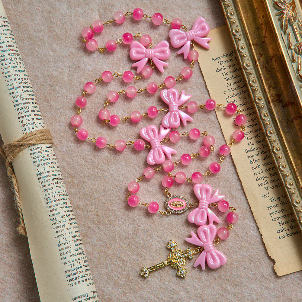 Girly Dual-Tone Gradient Bead Rosary With Glossy Resin Bows & Jeweled Gold Crucifix