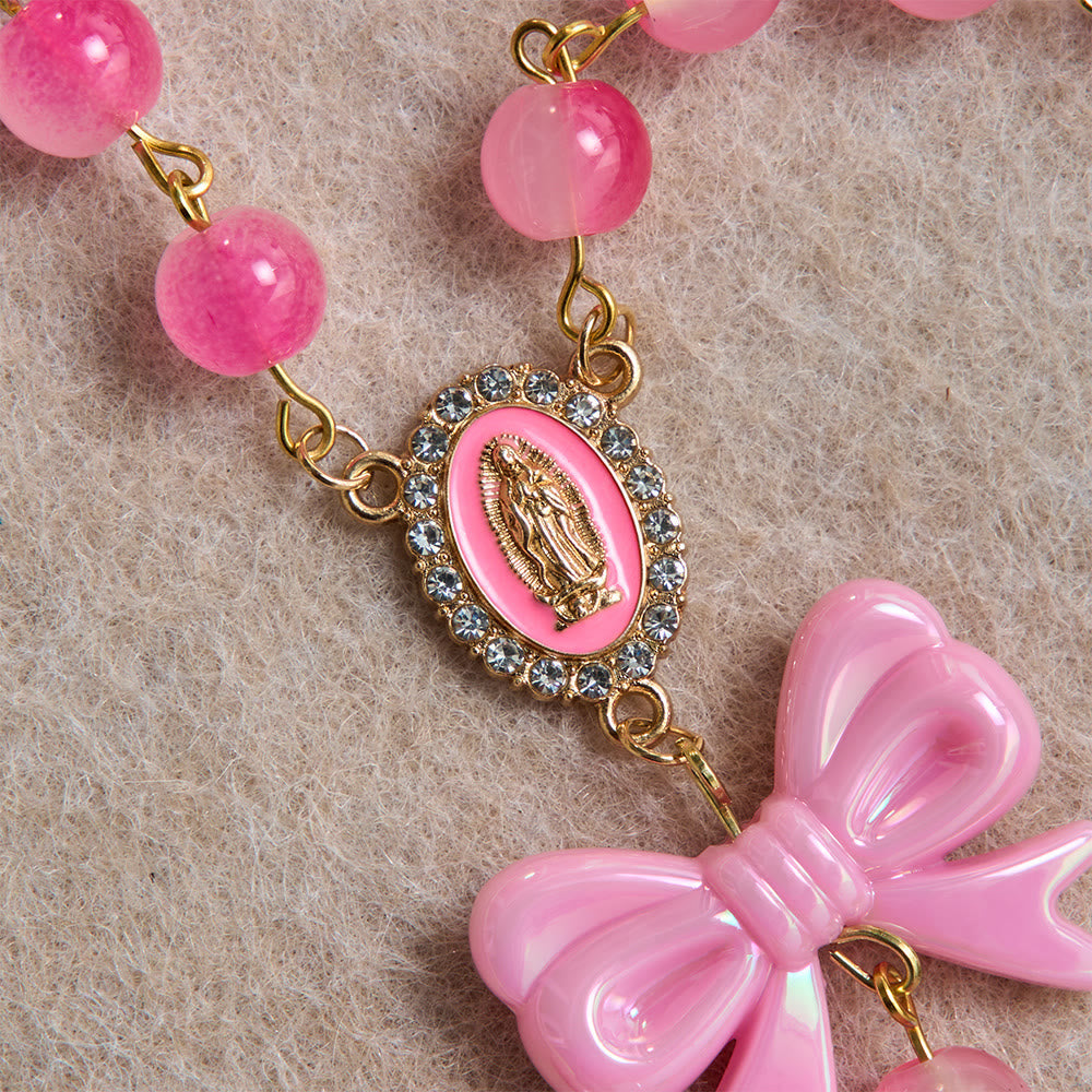 Girly Dual-Tone Gradient Bead Rosary With Glossy Resin Bows & Jeweled Gold Crucifix
