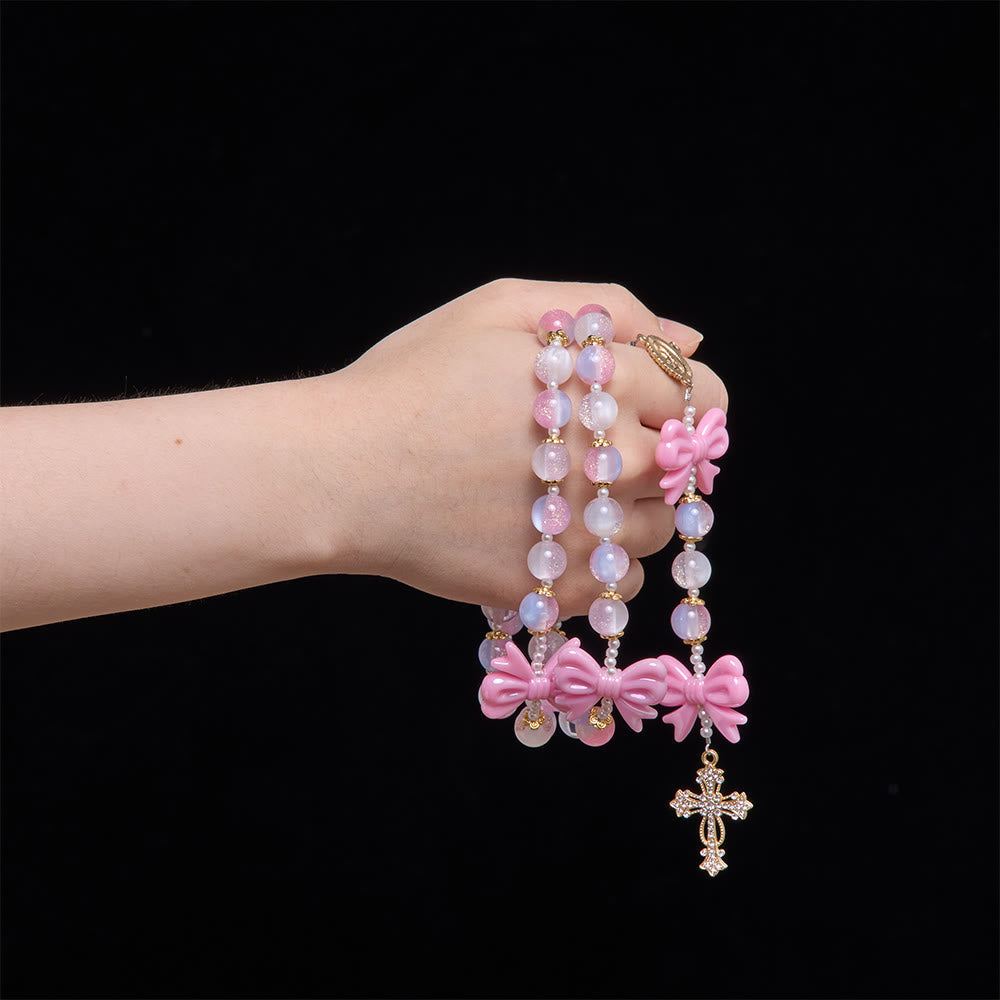 Pastel Glitter Bead Bow Rosary With Jeweled Cross: Emblem of Sweet Heavenly Grace