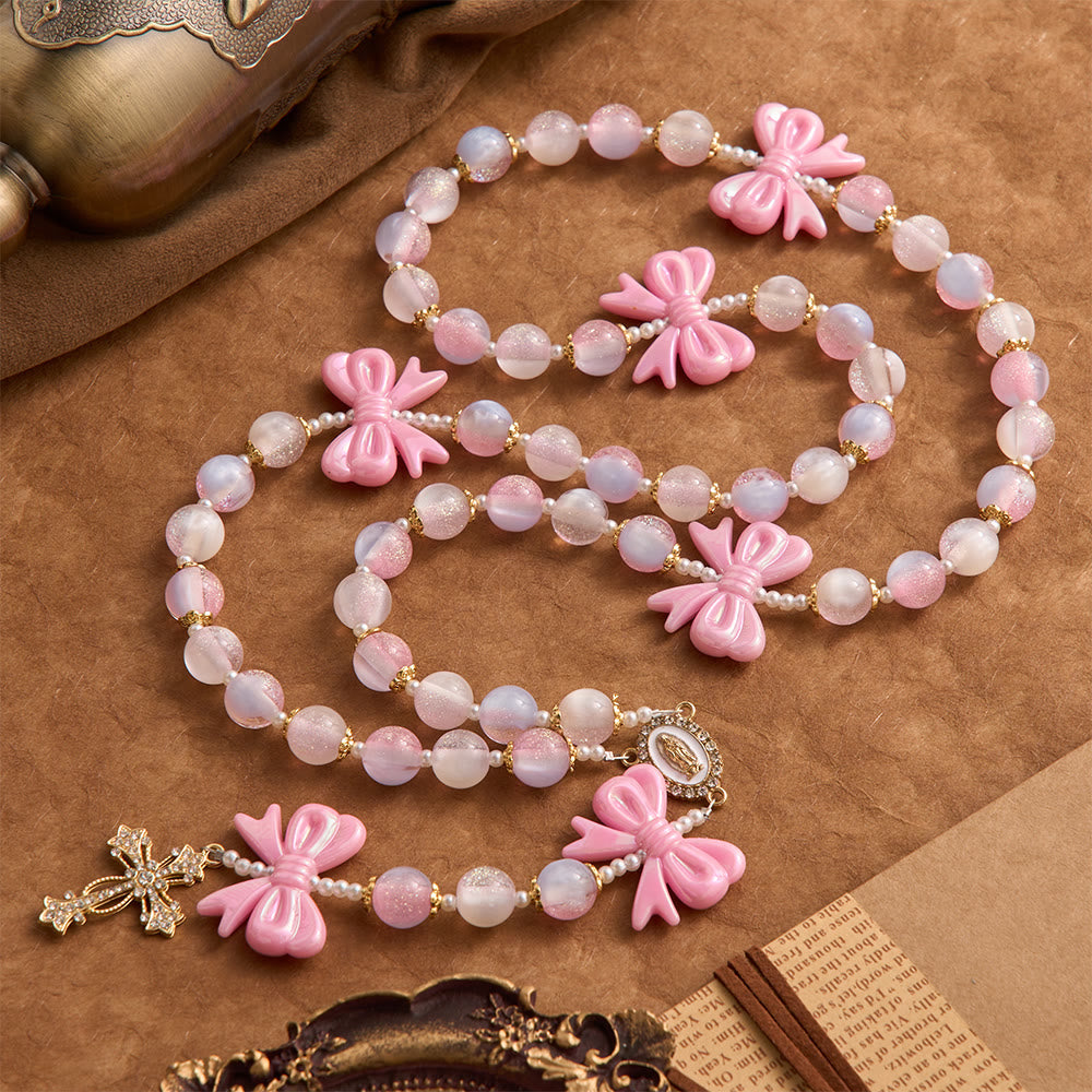 Pastel Glitter Bead Bow Rosary With Jeweled Cross: Emblem of Sweet Heavenly Grace