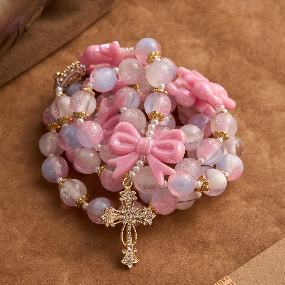 Pastel Glitter Bead Bow Rosary With Jeweled Cross: Emblem of Sweet Heavenly Grace