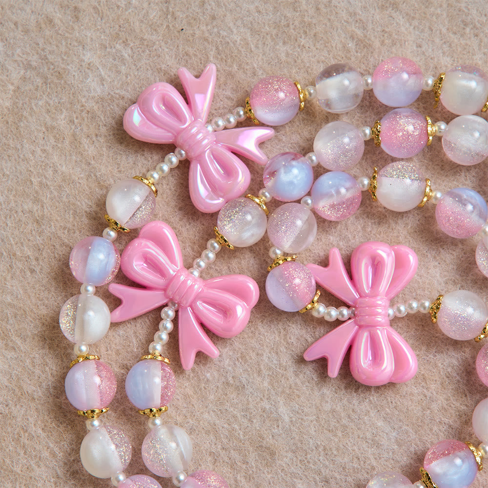 Pastel Glitter Bead Bow Rosary With Jeweled Cross: Emblem of Sweet Heavenly Grace