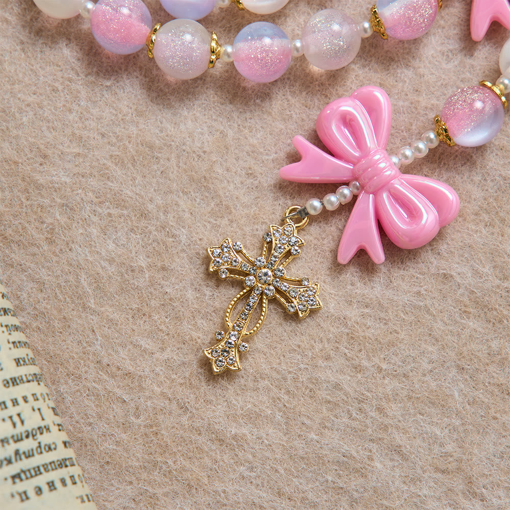 Pastel Glitter Bead Bow Rosary With Jeweled Cross: Emblem of Sweet Heavenly Grace