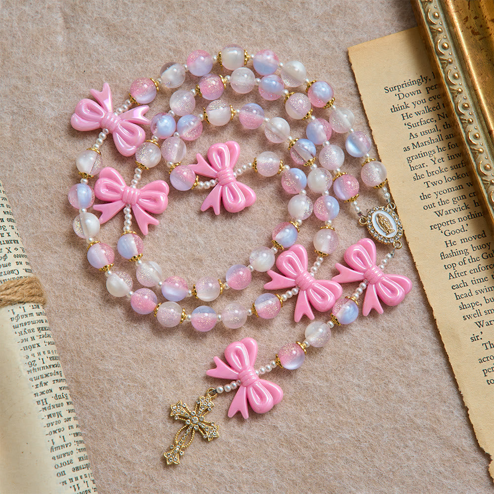 Pastel Glitter Bead Bow Rosary With Jeweled Cross: Emblem of Sweet Heavenly Grace