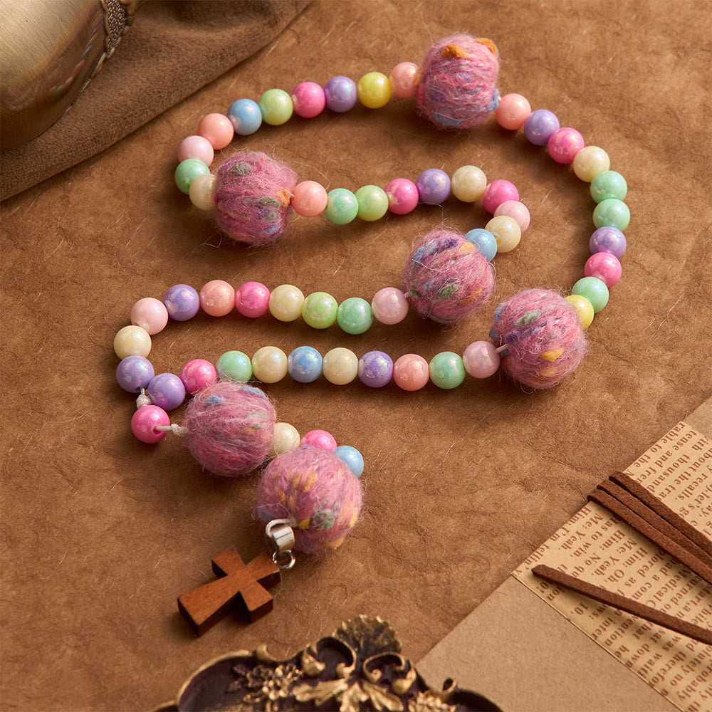 Fluffy Pom-Pom Macaron Bead Kids Rosary With Wooden Cross: Emblem of Innocent Heavenly Kindness