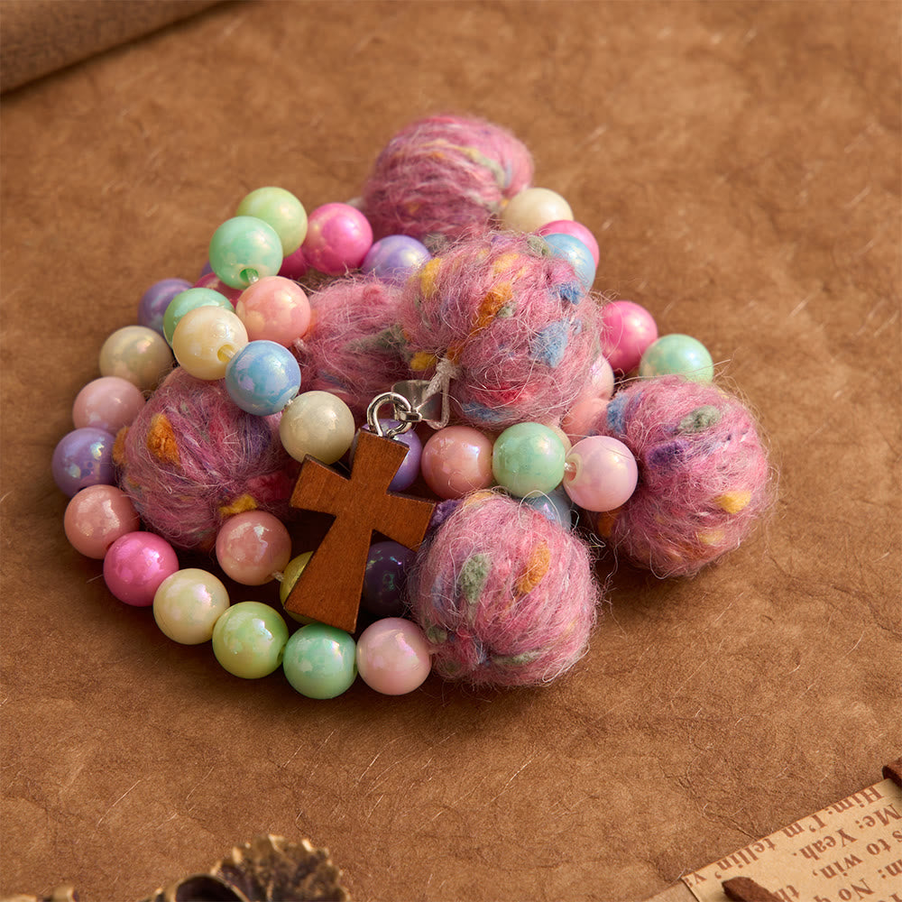 Fluffy Pom-Pom Macaron Bead Kids Rosary With Wooden Cross: Emblem of Innocent Heavenly Kindness